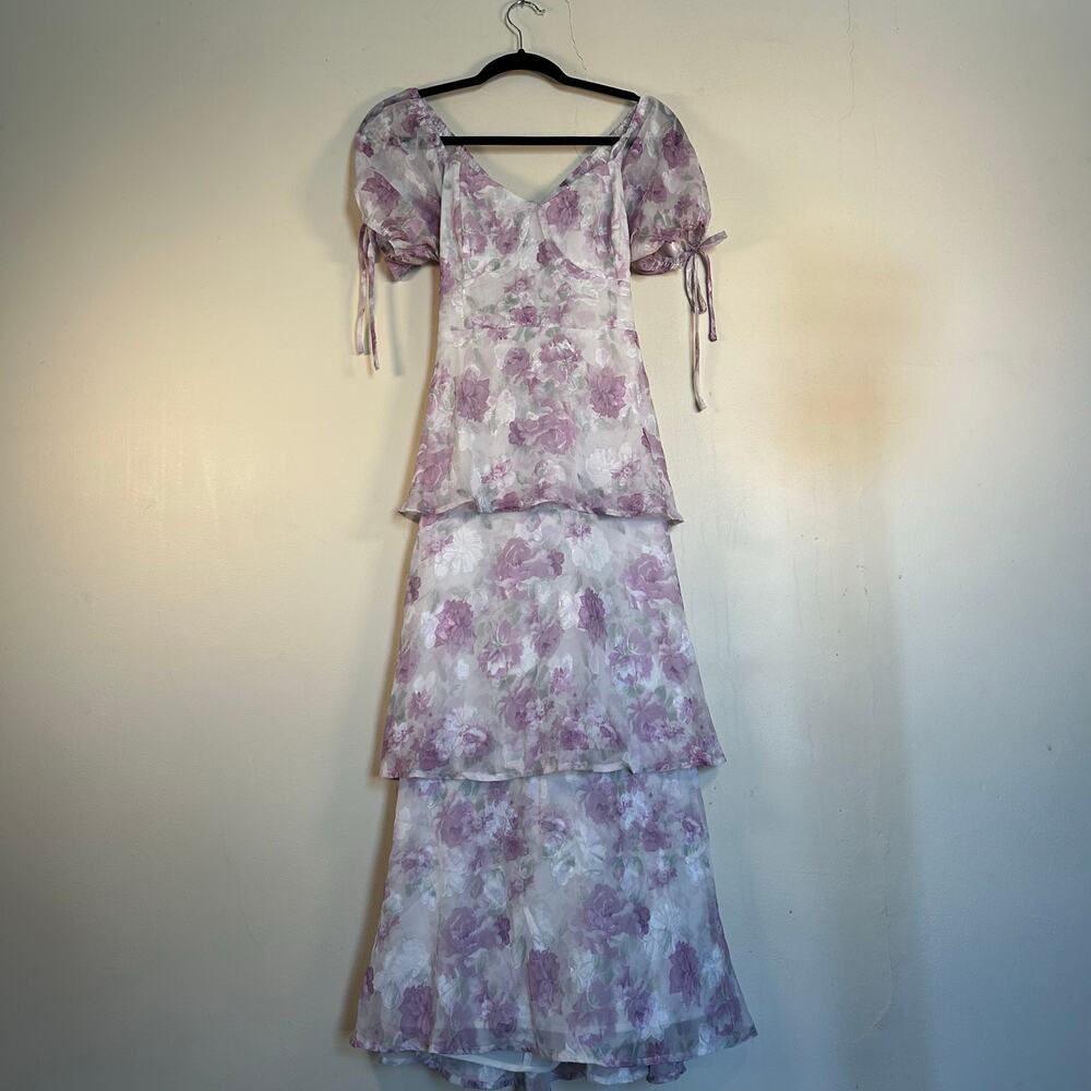 FREESIA Women's Floral Teared Flowy Floral Midi Dress with Puff Sleeves Size L